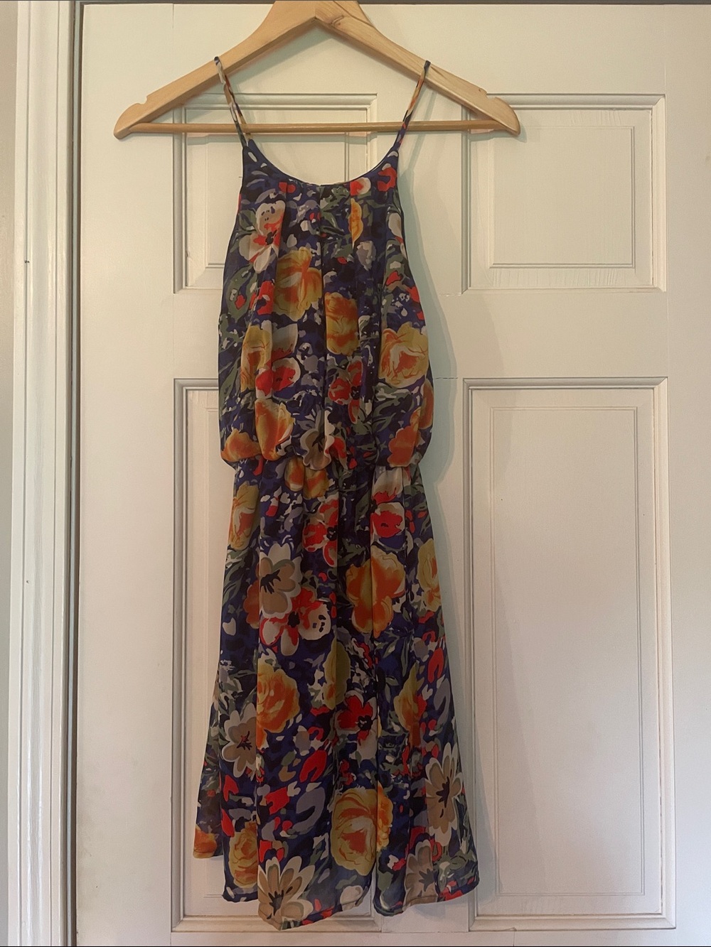Peach Royal Floral Summer Mini Dress in Blue Background—Size S